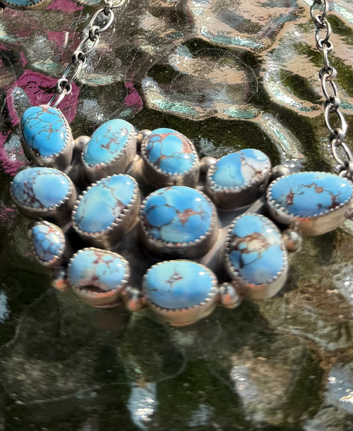 Navajo Golden Hills turquoise cluster necklace in sterling silver by Paul Livingston